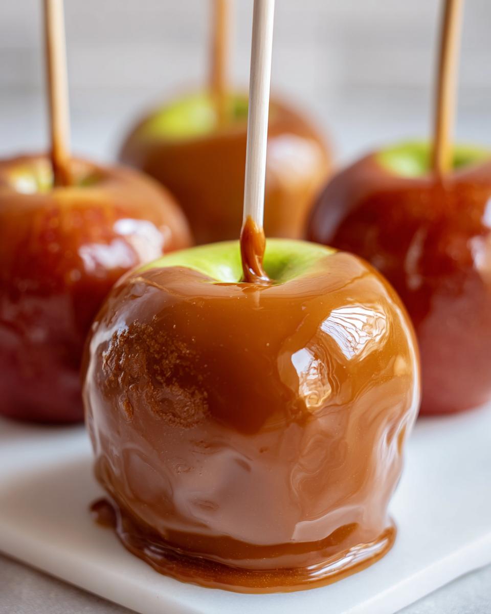 Close-up of several glossy caramel apples on sticks, with the front apple in sharp focus.