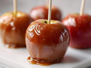 Close-up of glossy, perfectly coated caramel apples on sticks, ready to be enjoyed.