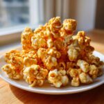 A generous pile of homemade caramel popcorn on a white plate, glistening with caramel coating.