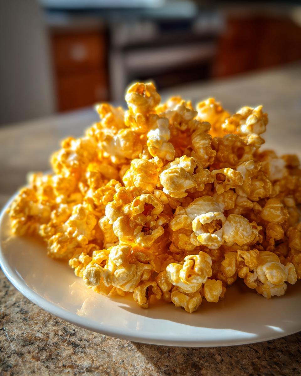 A close-up shot of a generous pile of delicious caramel popcorn on a white plate.