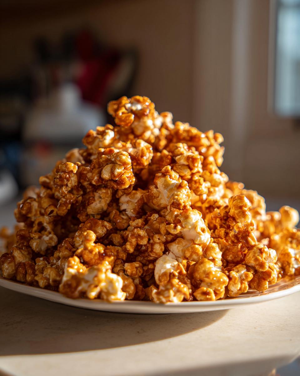 A large pile of crunchy caramel popcorn on a white plate, glistening in the sunlight.