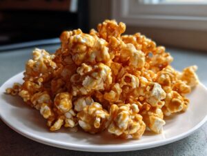 A generous pile of homemade caramel popcorn glistening with a rich caramel coating, served on a white plate.