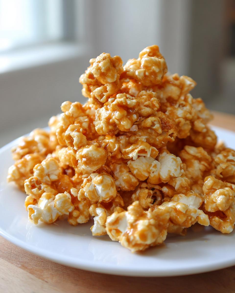 A close-up shot of a generous pile of homemade caramel popcorn on a white plate.