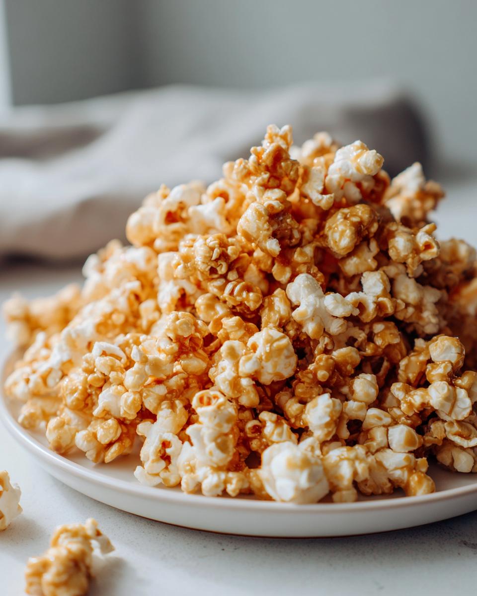 A close-up shot of a generous pile of delicious caramel popcorn on a white plate.