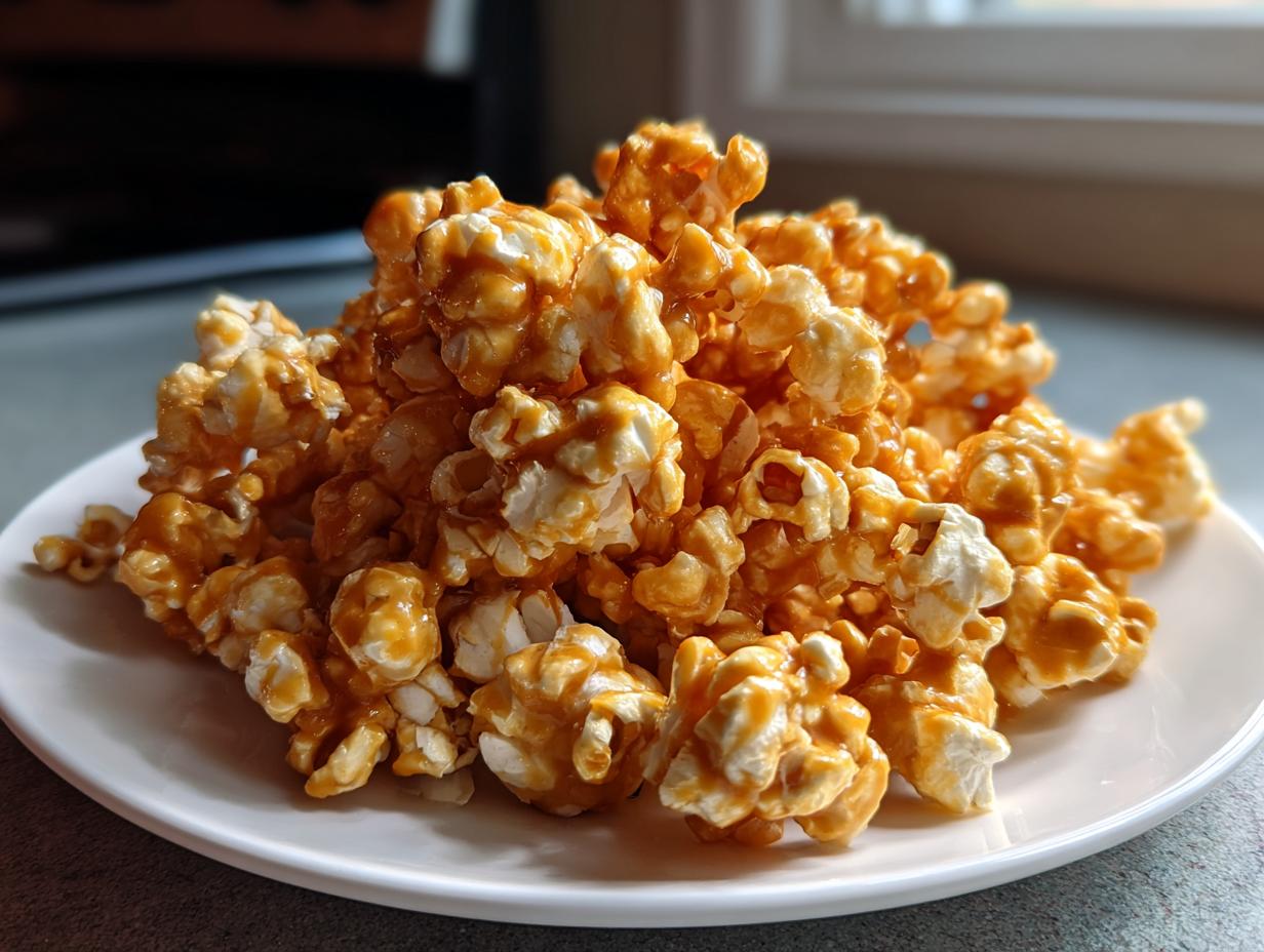 A generous pile of homemade caramel popcorn glistening with a rich caramel coating, served on a white plate.