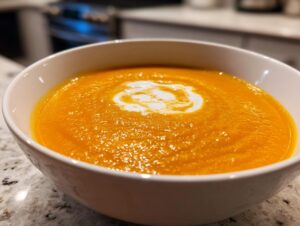 A close-up of a white bowl filled with vibrant orange Carrot Ginger Soup, topped with a swirl of cream.
