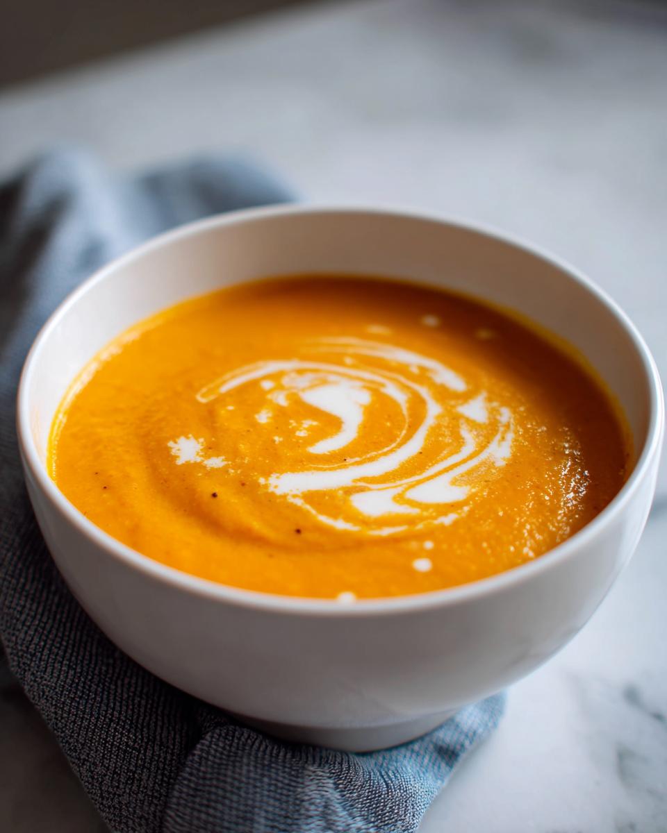 A close-up of a white bowl filled with vibrant orange Carrot Ginger Soup, artfully swirled with cream.