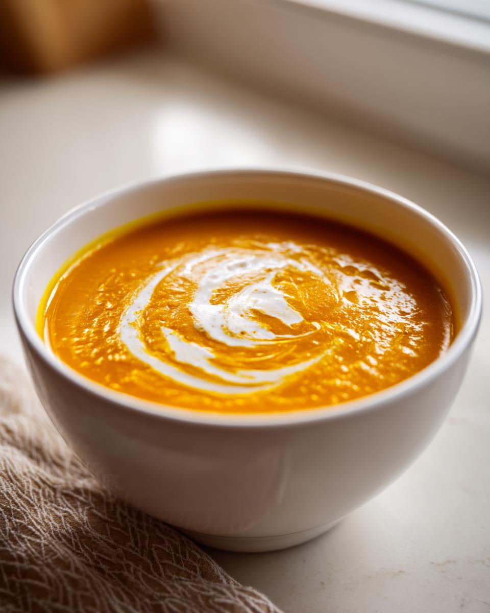 A close-up of a white bowl filled with vibrant Carrot Ginger Soup, swirled with cream.