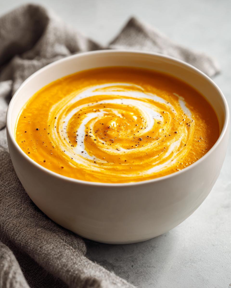 A bowl of vibrant Carrot Ginger Soup with a swirl of cream and cracked black pepper.