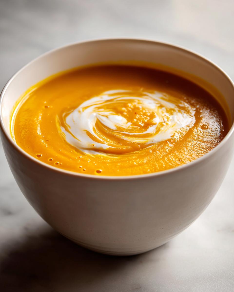 A close-up of a bowl of vibrant orange Carrot Ginger Soup, swirled with cream.
