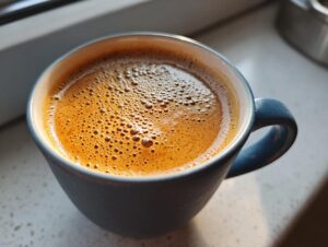 Close-up of a steaming blue mug filled with a frothy, golden-brown chai latte.