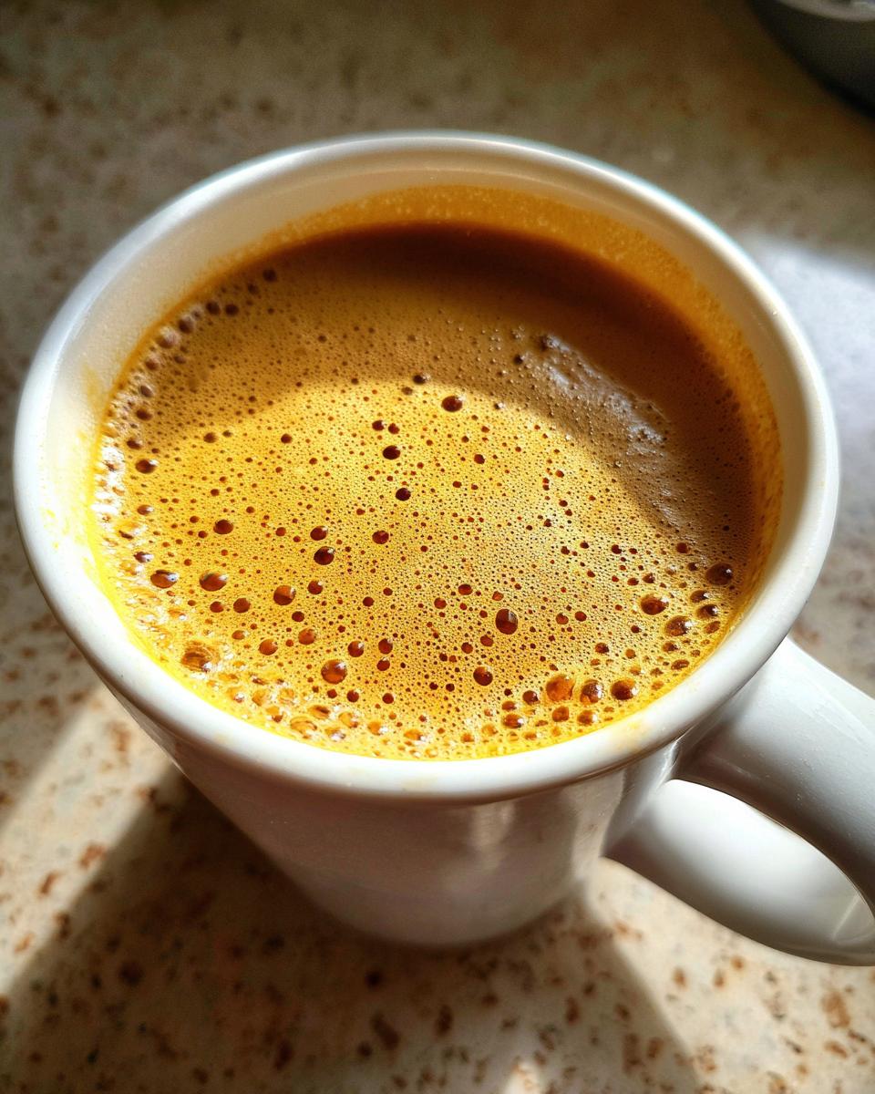 Close-up of a frothy, golden Chai Latte in a white mug, with sunlight casting shadows.