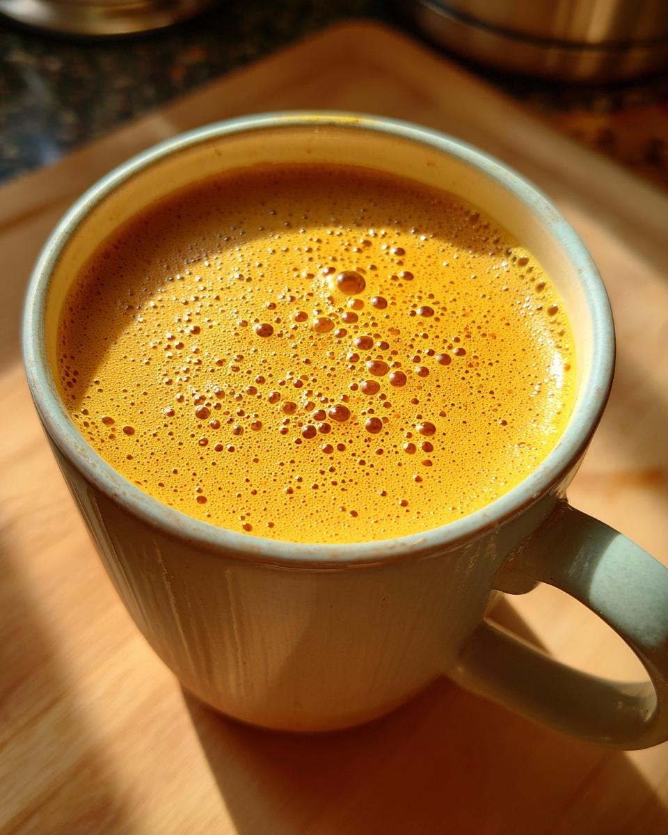 Close-up of a bright golden chai latte in a mug, with a creamy, frothy top and small bubbles.
