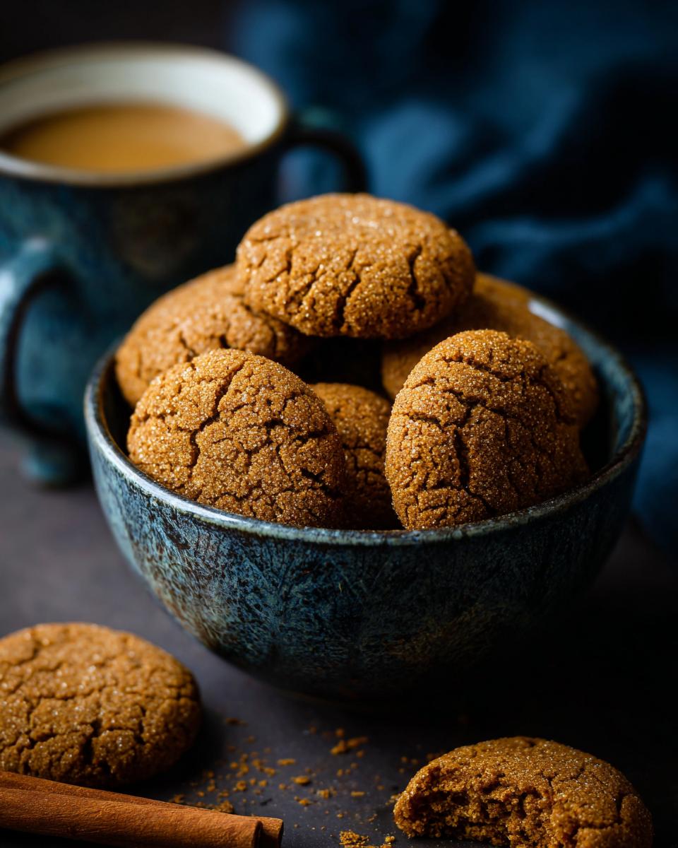 A bowl filled with delicious Chai Spice Cookies, with a mug of tea in the background and a cinnamon stick in the foreground.