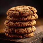 A stack of five freshly baked Chai Spice Cookies, dusted with sugar, on a wooden board.