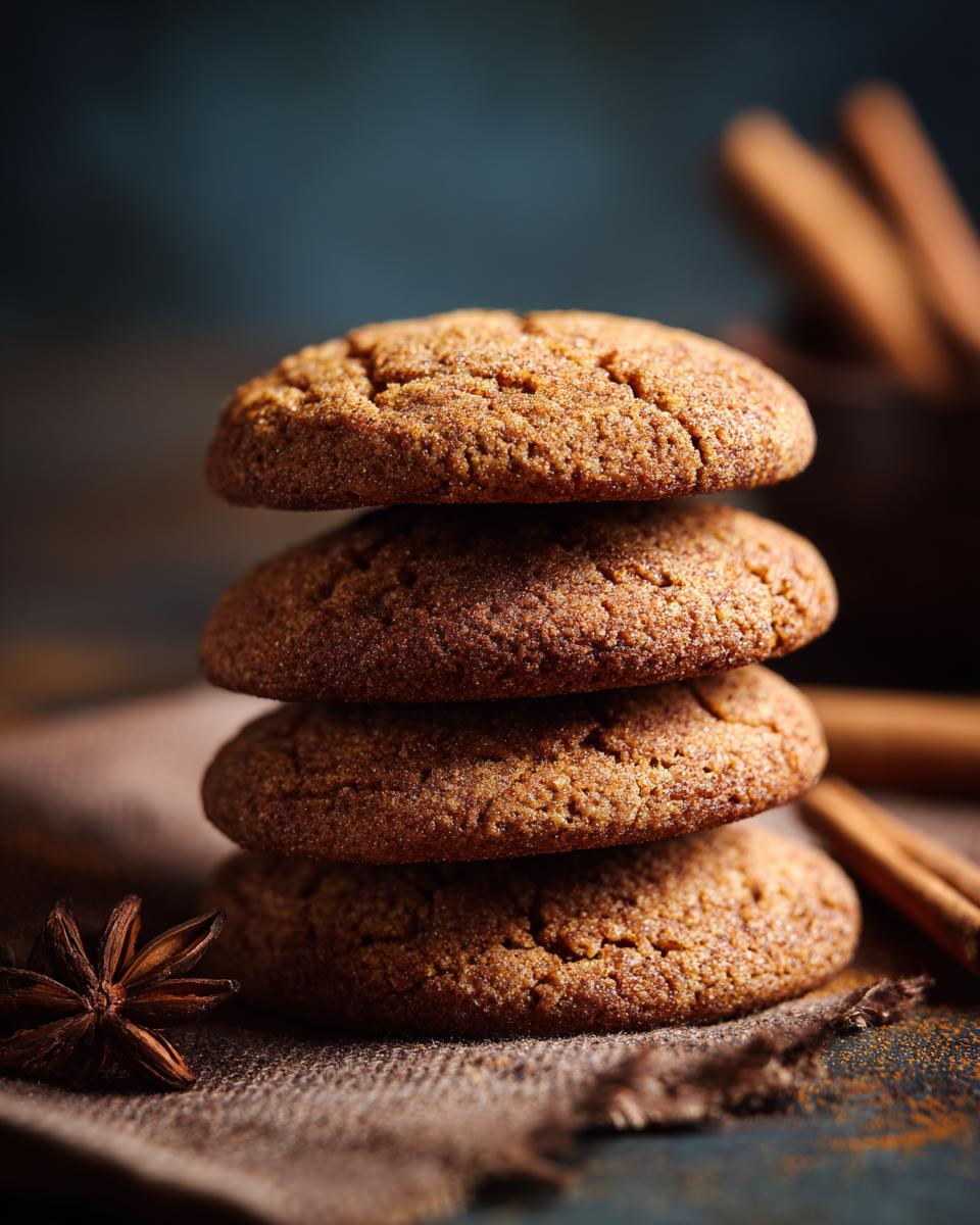 A close-up stack of four golden-brown Chai Spice Cookies, with star anise and cinnamon sticks in the background.
