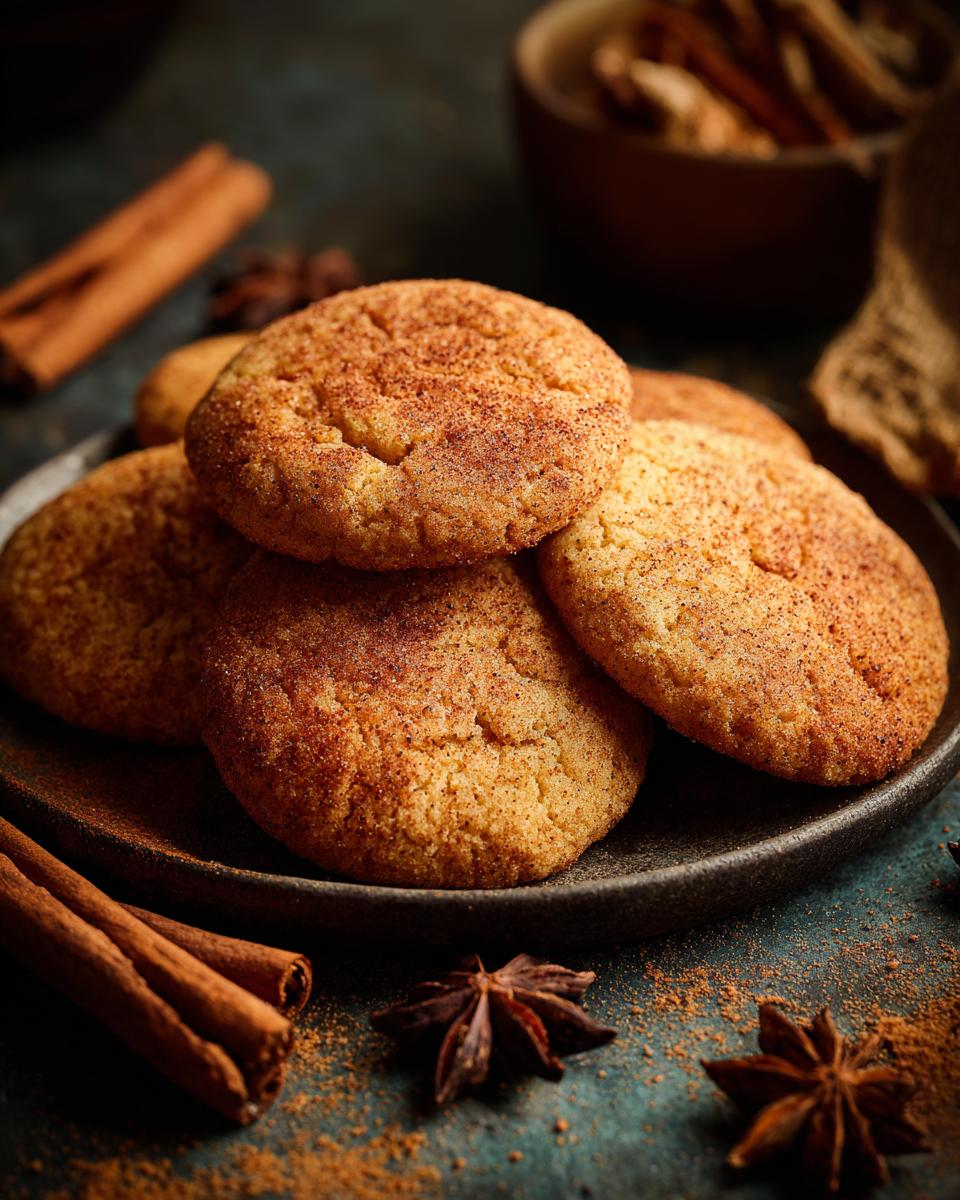 A close-up stack of freshly baked Chai Spice Cookies, dusted with cinnamon and sugar.