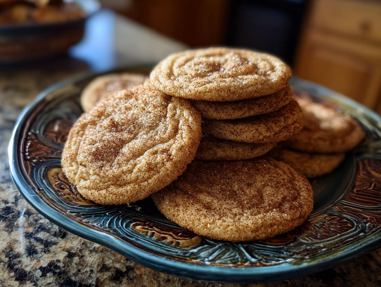 A close-up shot of a stack of freshly baked Chai Spice Cookies, dusted with cinnamon sugar, on a decorative plate.
