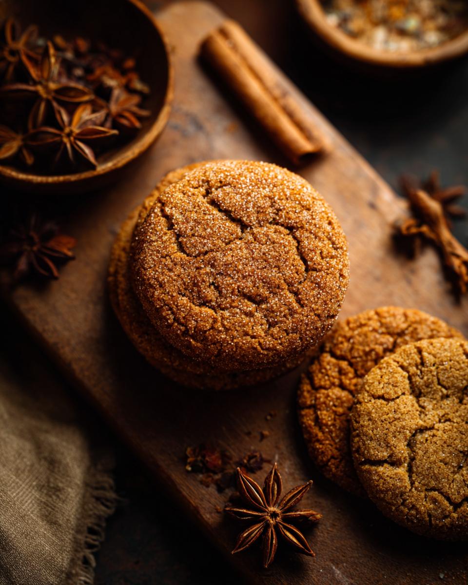 A stack of golden brown Chai Spice Cookies, dusted with sugar, on a wooden board with star anise and cinnamon.