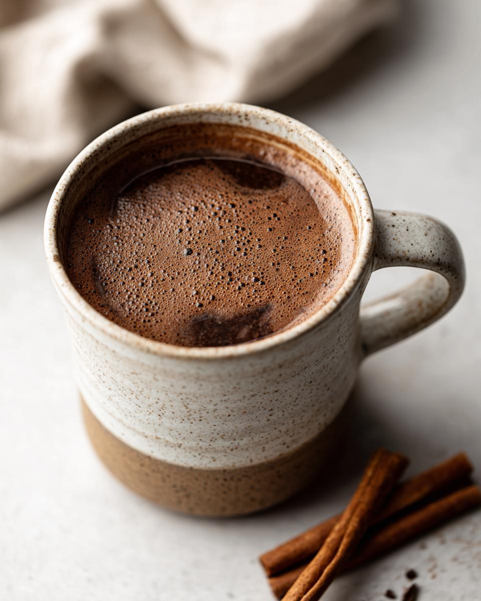 A close-up of a rustic mug filled with frothy Champurrado, with cinnamon sticks on the side.