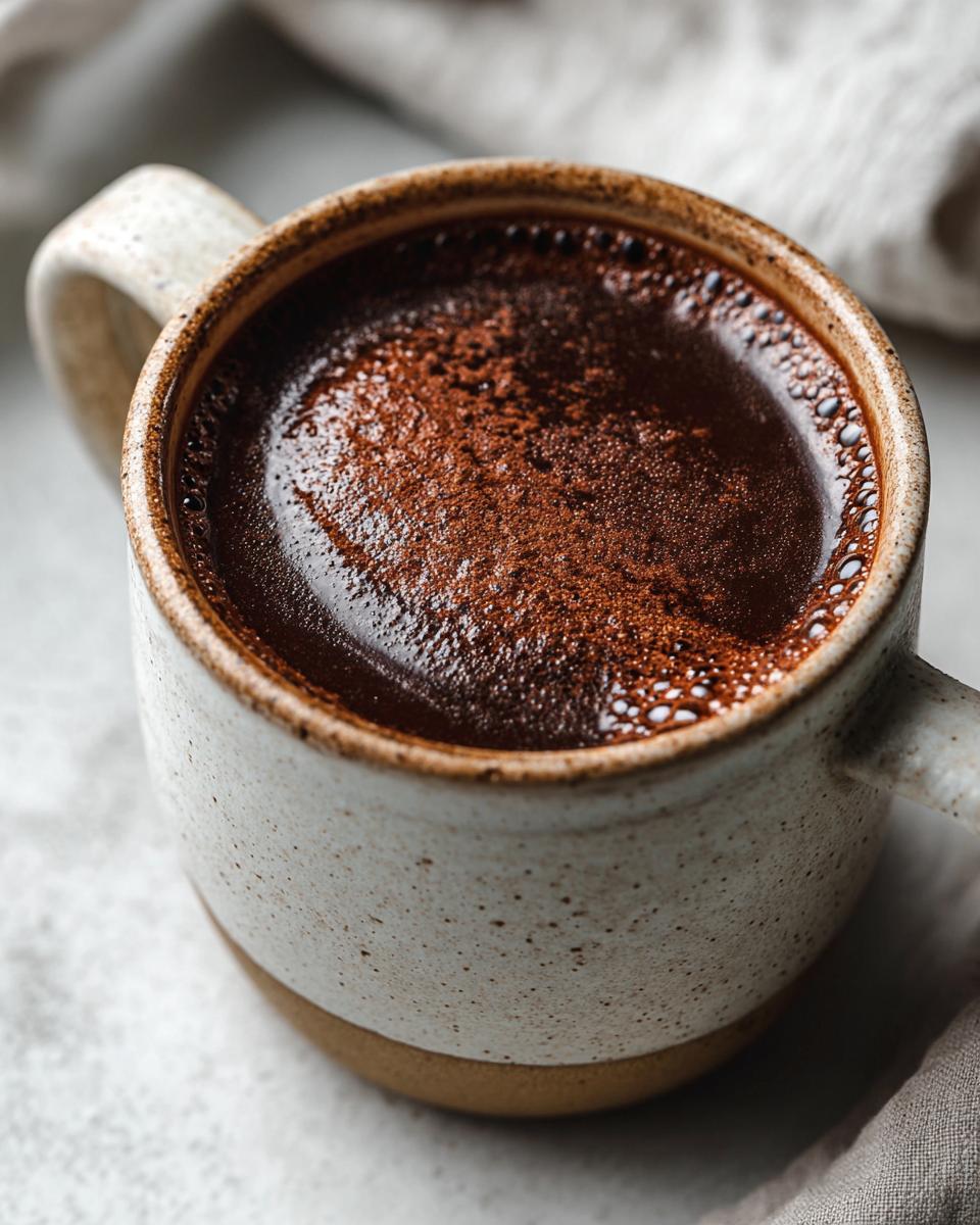 Close-up of a steaming mug of rich, dark Champurrado, topped with a dusting of cocoa powder.