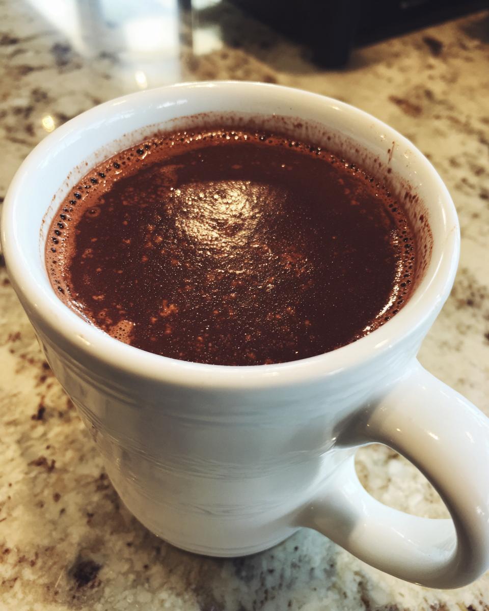 Close-up of a steaming mug of rich, dark Champurrado, a traditional Mexican chocolate and masa drink.