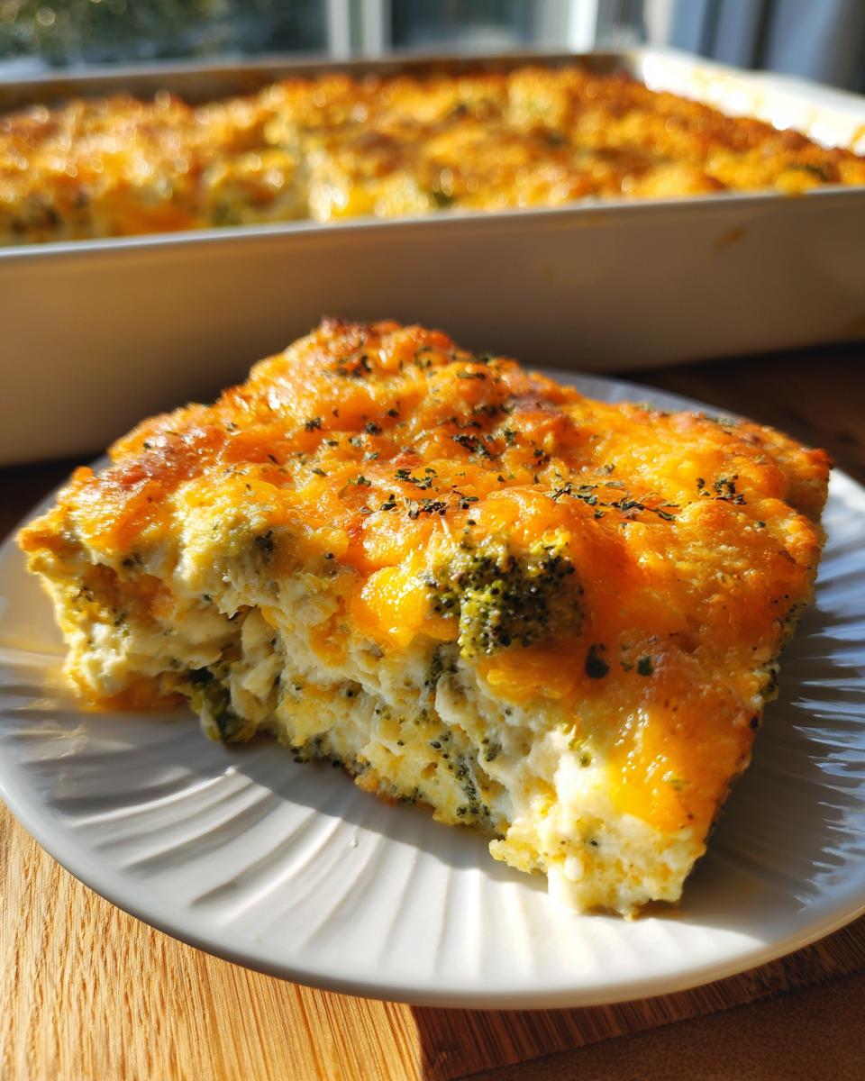 A close-up of a slice of cheesy broccoli casserole on a white plate, with the rest of the casserole in the background.