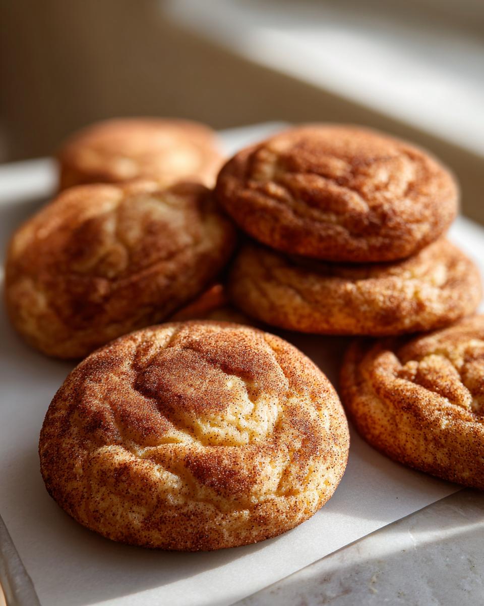 A close-up of several chewy Snickerdoodles, generously coated in cinnamon sugar, piled on a white surface.