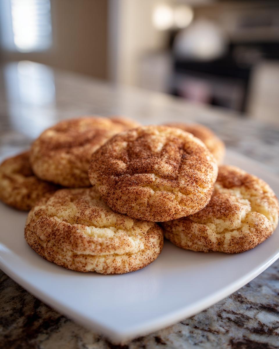 A stack of chewy Snickerdoodles coated in cinnamon sugar on a white plate.