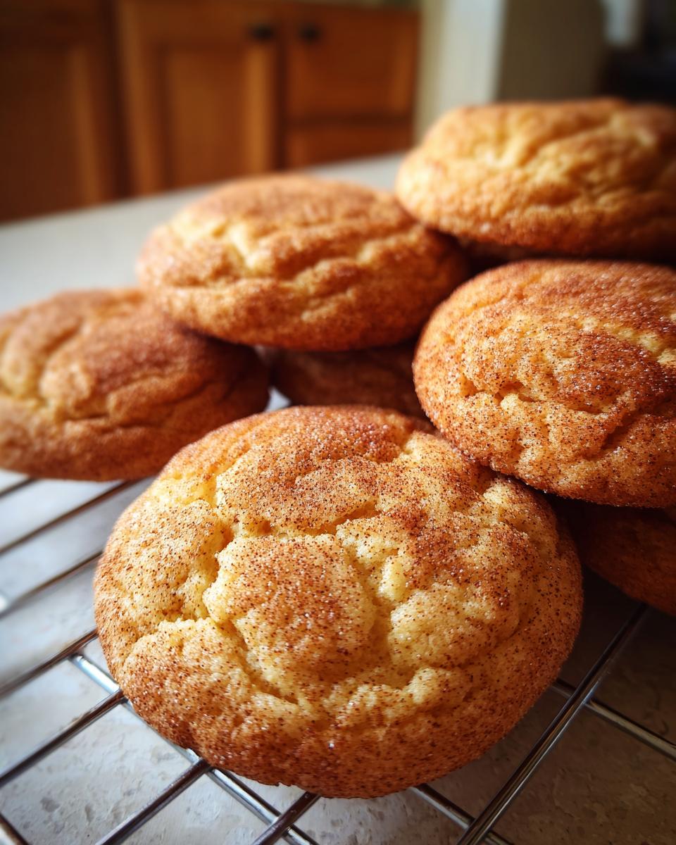 A close-up of a stack of freshly baked chewy Snickerdoodles covered in cinnamon sugar on a wire cooling rack.