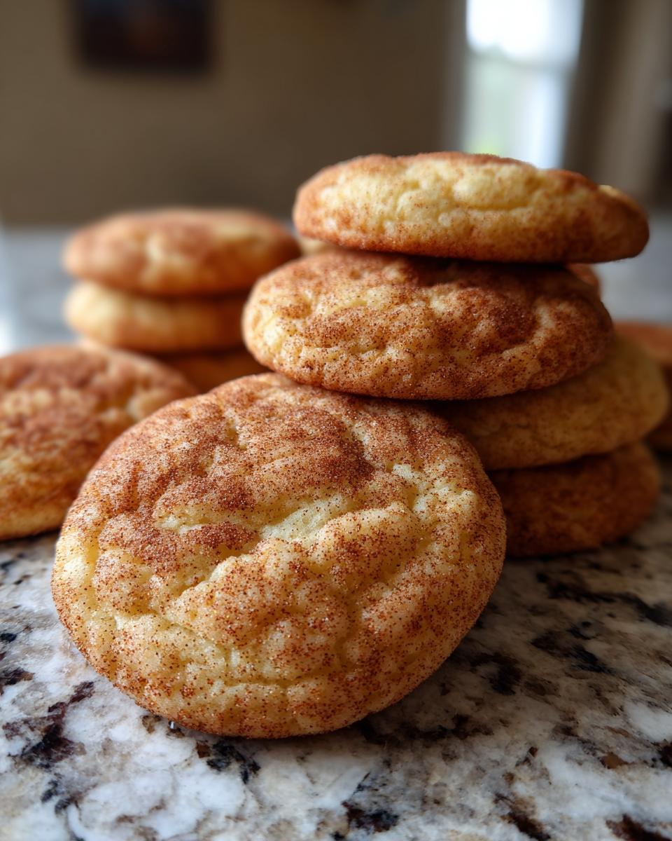 A stack of freshly baked chewy Snickerdoodles covered in cinnamon sugar on a granite countertop.