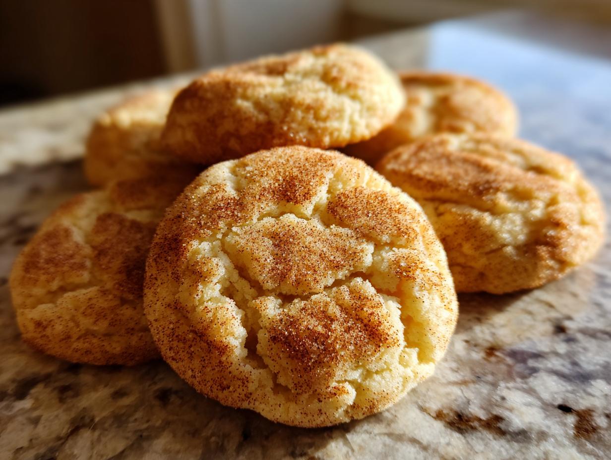 A close-up of a stack of chewy Snickerdoodles, generously coated in cinnamon sugar.