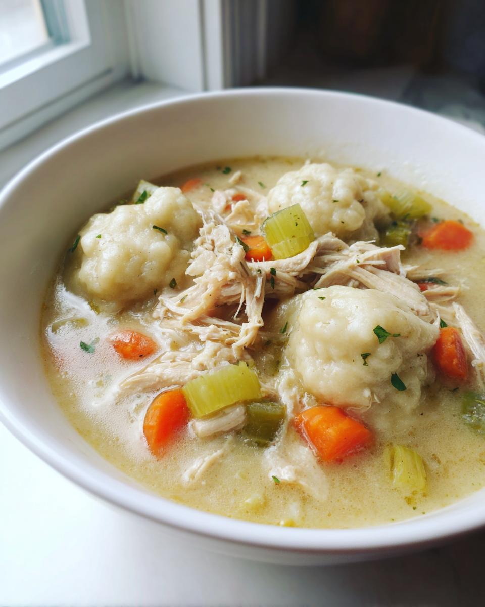 Close-up of a bowl of delicious Chicken and Dumplings, featuring shredded chicken, fluffy dumplings, carrots, and celery.