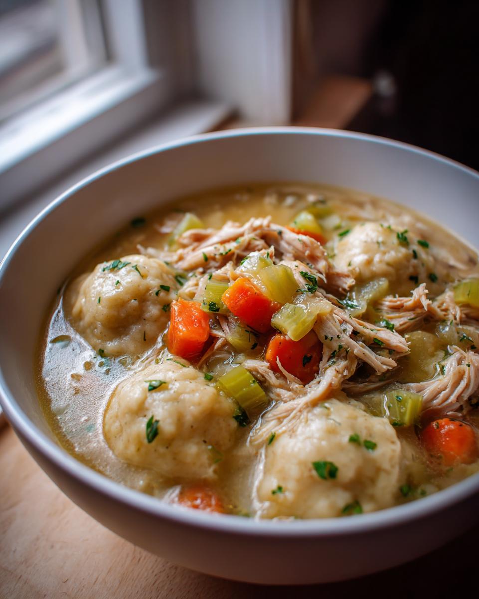 A close-up of a bowl of delicious Chicken and Dumplings, featuring fluffy dumplings, shredded chicken, carrots, and celery in a creamy broth.