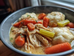 A close-up of a comforting bowl of Chicken and Dumplings, featuring shredded chicken, carrots, celery, and fluffy dumplings in broth.