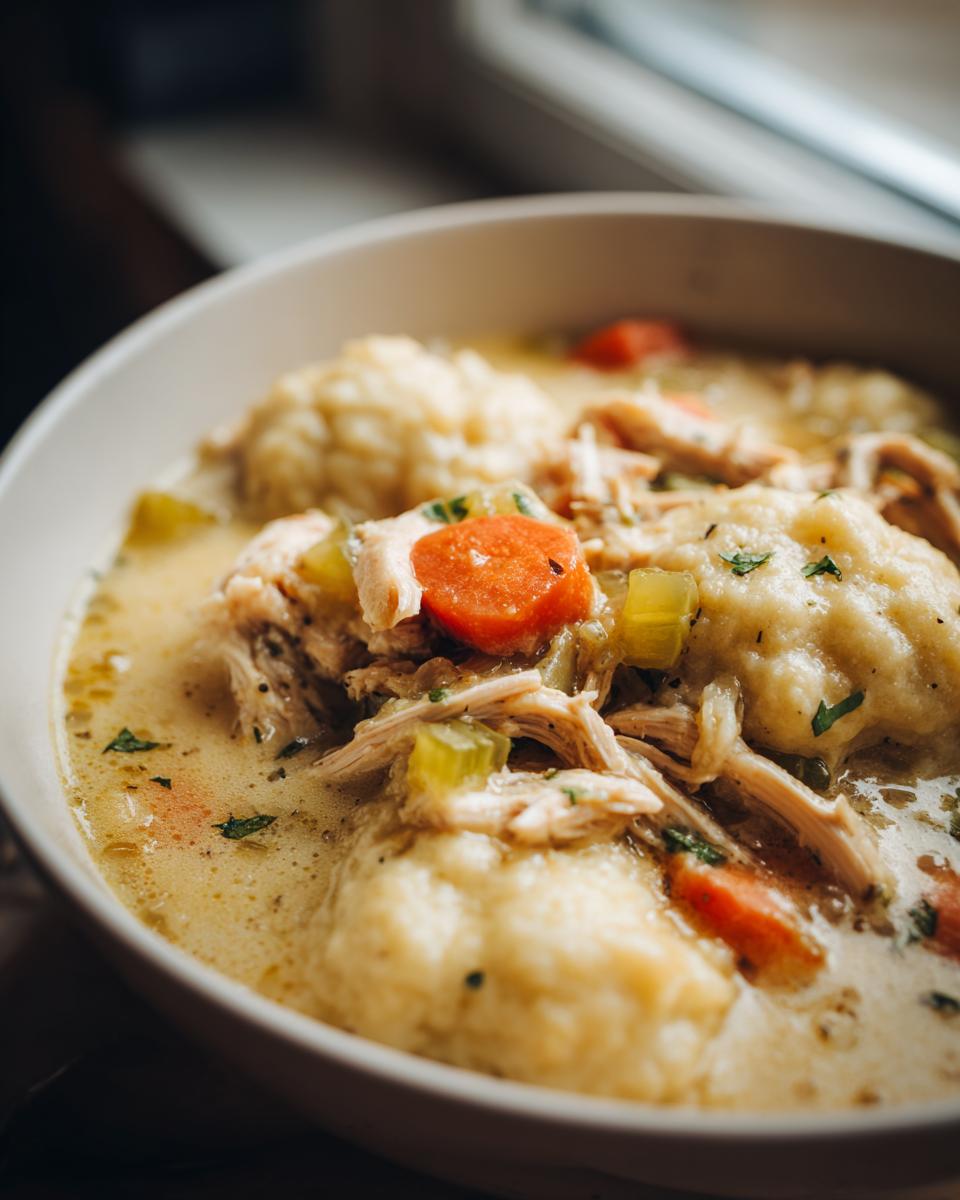 Close-up of a bowl of delicious Chicken and Dumplings, featuring shredded chicken, carrots, celery, and fluffy dumplings in a creamy broth.