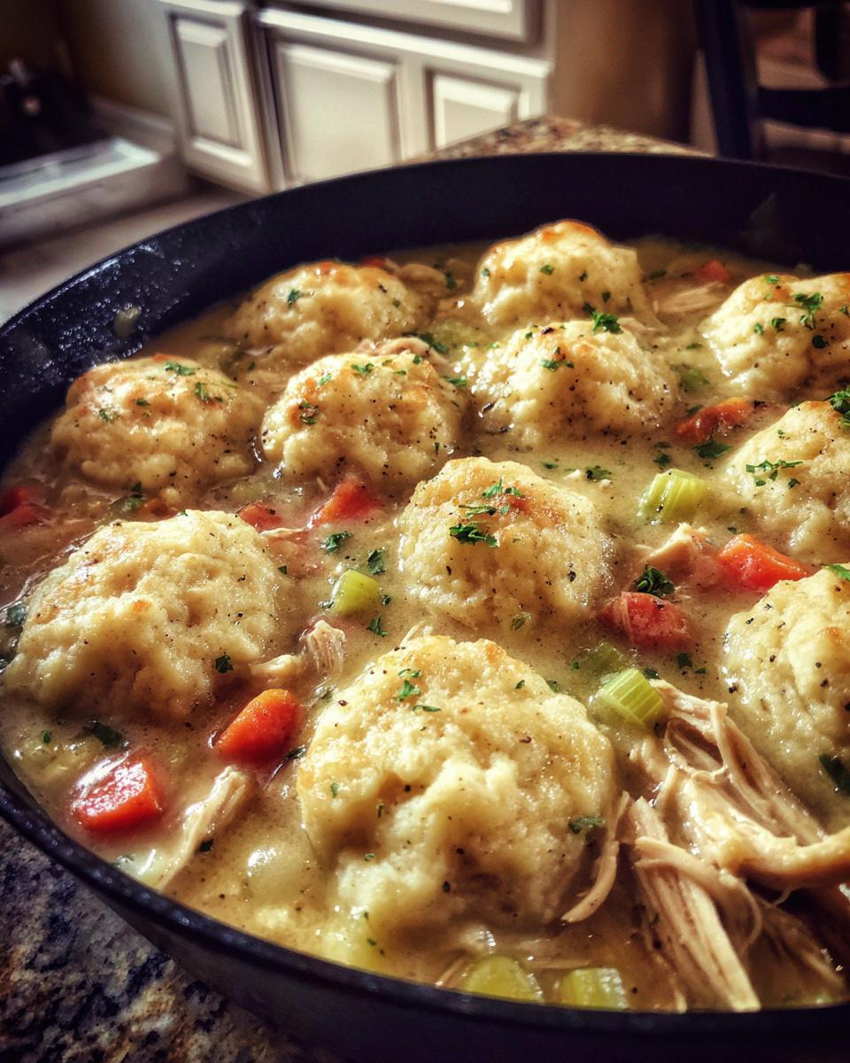 Close-up of a cast iron skillet filled with delicious Chicken and Dumplings, featuring fluffy dumplings, shredded chicken, carrots, and celery.
