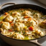 Close-up of a hearty skillet filled with tender chicken and dumplings, carrots, and celery in a creamy broth.