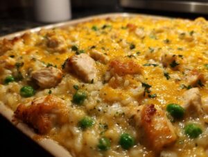 Close-up of a baked chicken and rice casserole with melted cheese, peas, and chicken pieces.