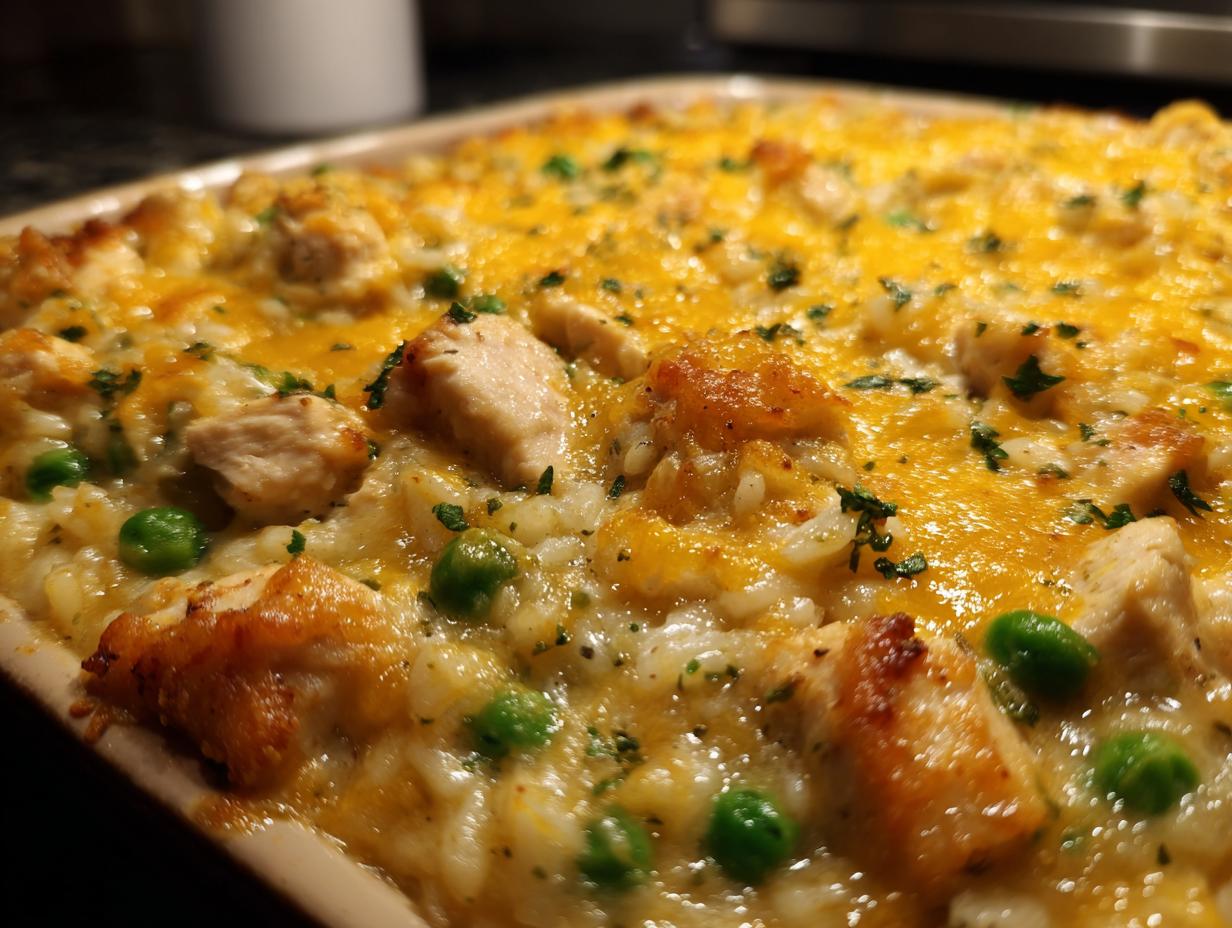 Close-up of a baked chicken and rice casserole with melted cheese, peas, and chicken pieces.
