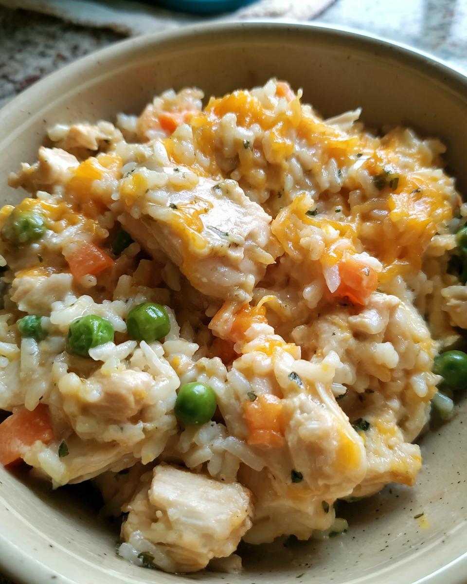 A close-up of a bowl filled with creamy chicken and rice casserole, featuring tender chicken pieces, fluffy rice, peas, carrots, and melted cheddar cheese.