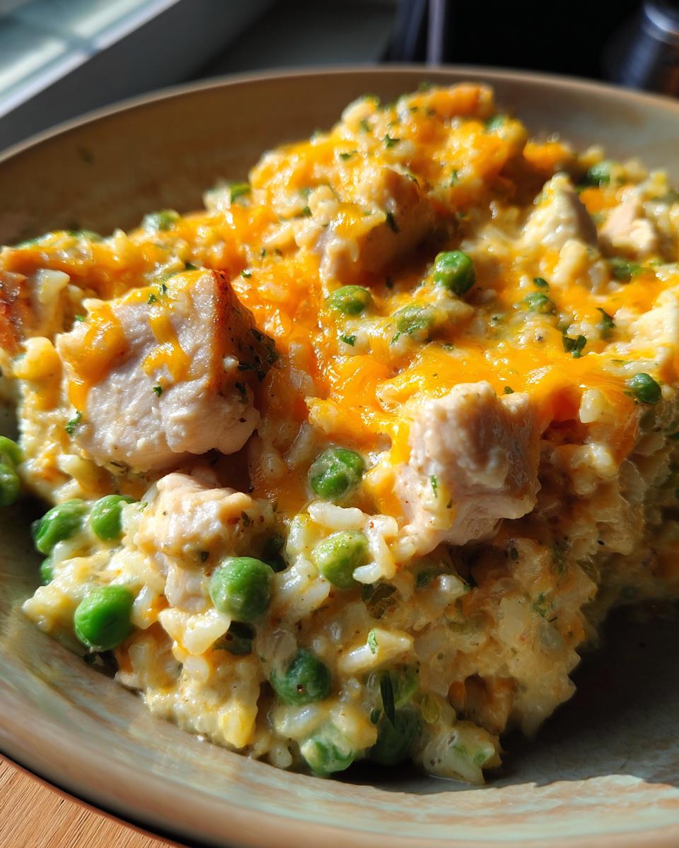A close-up of a serving of chicken and rice casserole, featuring tender chicken pieces, rice, green peas, and melted cheddar cheese, garnished with parsley.