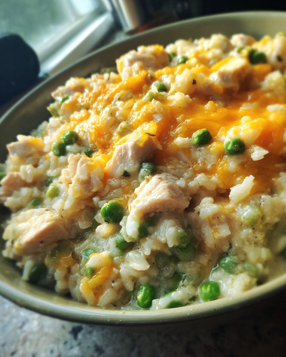 A close-up of a bowl filled with creamy chicken and rice casserole, dotted with bright green peas and topped with melted cheddar cheese.