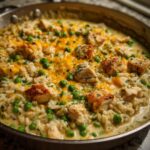 Close-up of a creamy chicken and rice casserole with peas and melted cheese, topped with parsley.