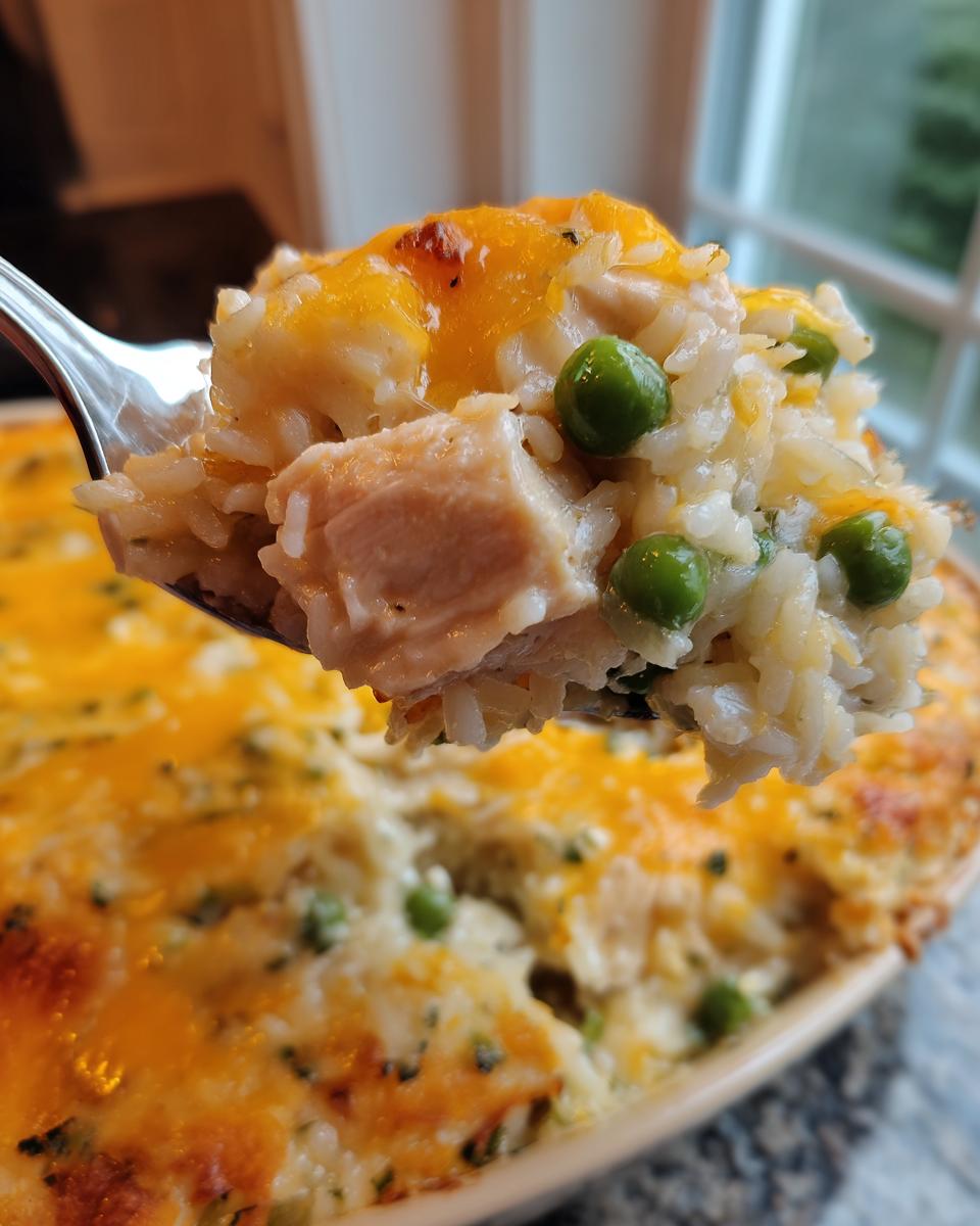 A spoonful of creamy chicken and rice casserole with peas and melted cheese.