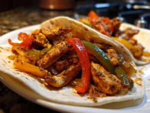 Close-up of delicious chicken fajitas filled with seasoned chicken strips, red, green, and yellow bell peppers, and onions.