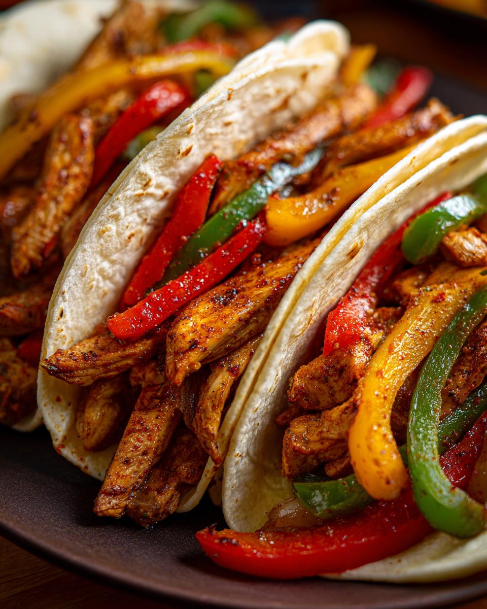 Close-up of two chicken fajitas filled with seasoned chicken strips and colorful bell peppers.