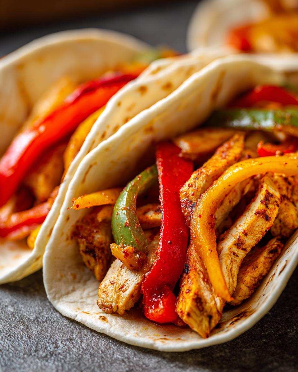 Close-up of two chicken fajitas filled with seasoned chicken strips, red, green, and yellow bell peppers.