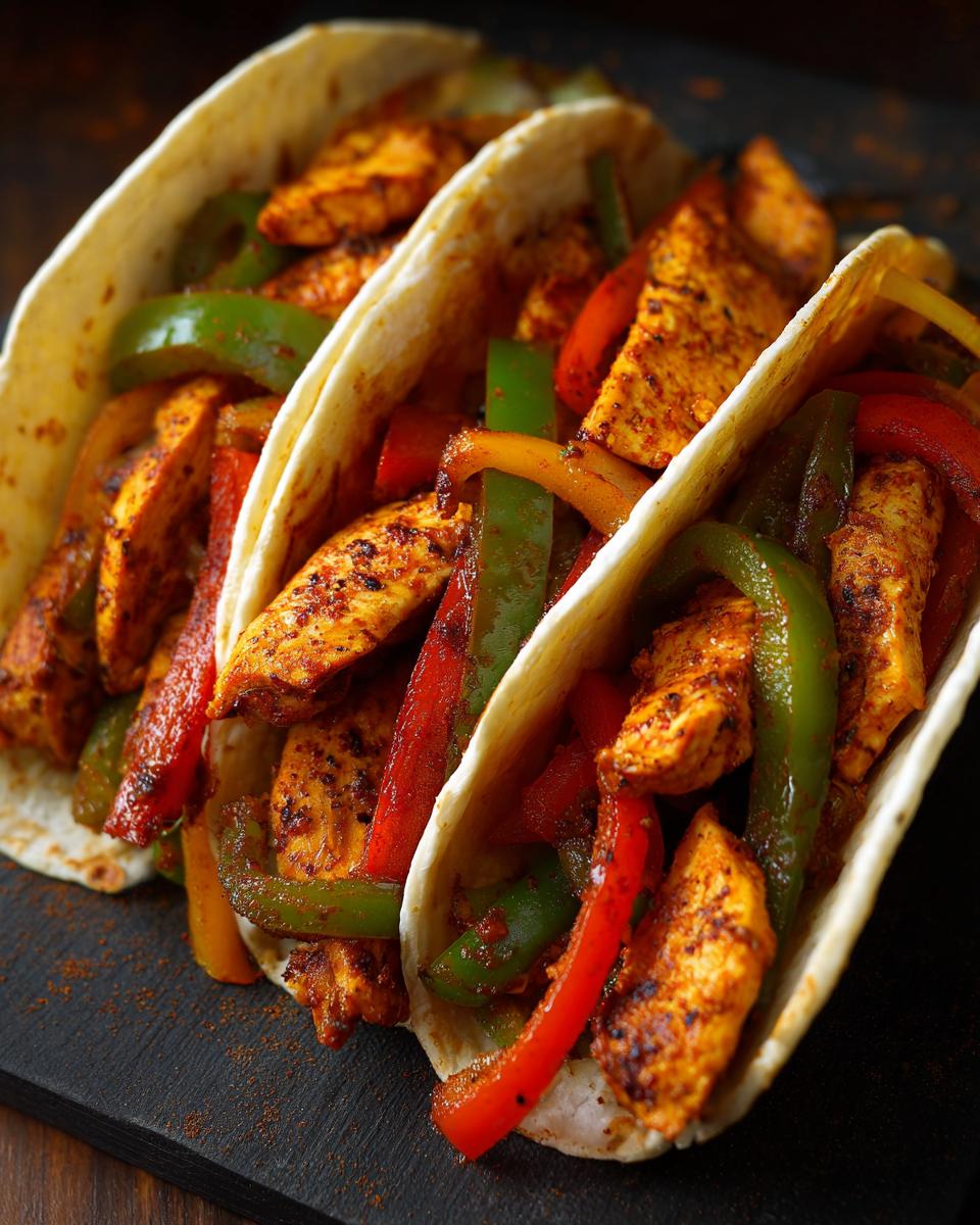 Three warm tortillas filled with seasoned chicken and colorful bell peppers, ready to be enjoyed as chicken fajitas.