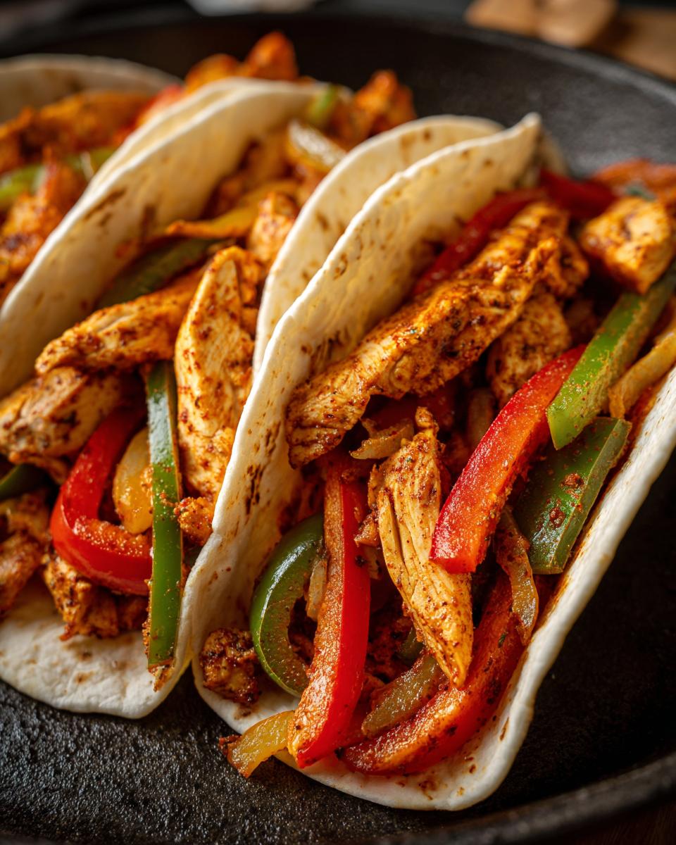 Close-up of two soft tortillas filled with seasoned chicken strips, red and green bell peppers, and onions, showcasing a vibrant Chicken Fajitas dish.
